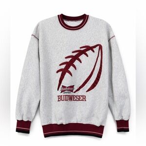 Budweiser Vintage Football Lace Appliqué Crewneck Sweatshirt Made in USA Size L